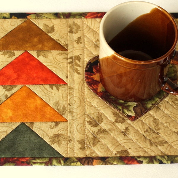 Fall Mug Rug, Quilted Snack Mat, Autumn Leaves, Appliqued Heart, Quiltsy Handmade