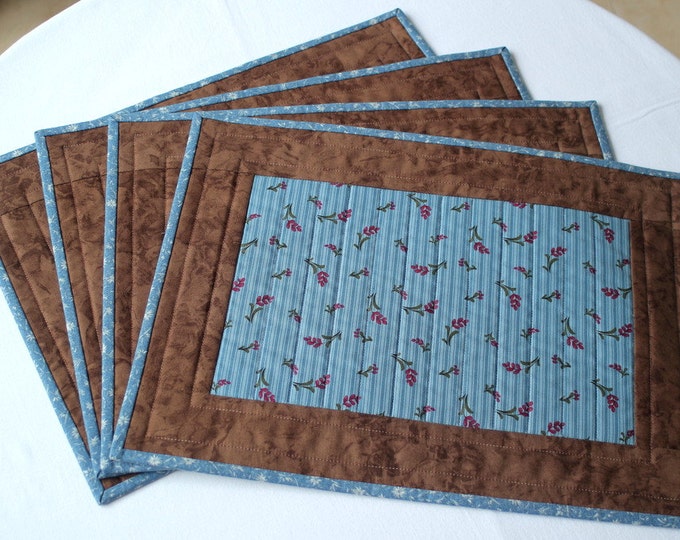Quilted Placemats Blue Brown Table Mats Floral Place Mats Etsy