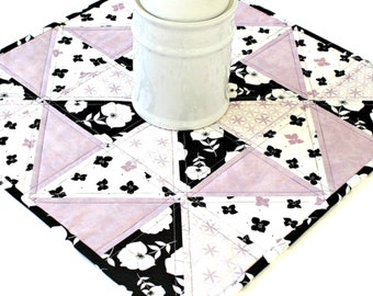 Quilted Table Topper, Lavender Black Table Quilt, Candle Mat, 16.50"x16.50"