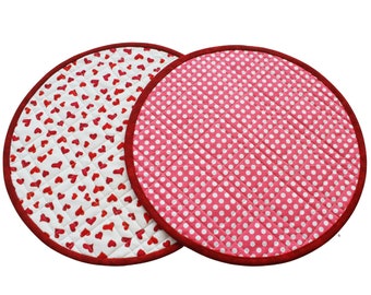 Quilted Round Placemats, Set of 2 Reversible Table Mats, 12.75" Diameter,
