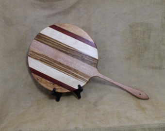 Round Cutting Board with Handle Striped with Cherry, Paduak, Maple, Zebra Wood and Mahogany -  Pizza Serving Board