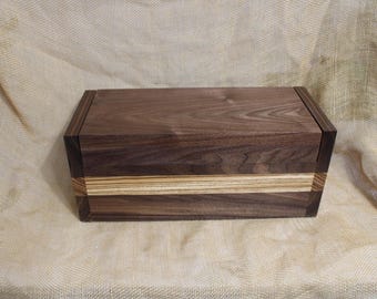 Double Recipe Box in Walnut and Zebra Wood with Stop Hinges - Holds 4x6 Recipe Cards