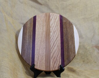Round Cheese Board Striped with Hardwoods Maple, Zebra Wood, Purple heart, Red Oak and Cherry - Serving Board - Bar Board