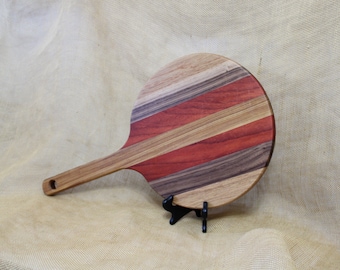 Round Cutting Board with Handle Striped with Red Oak, Walnut, Paduak, and Canary Wood - Pizza Serving Board