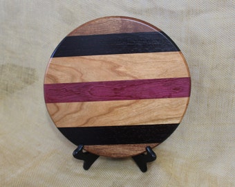 Round Cheese or Charcuterie  Board Striped with Hardwoods Mahogany,  Wenge, Zebra Wood, Cherry and Purple Heart - Serving Board - Bar Board