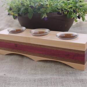 Long Three Cup Votive Candle Holder in Maple, Walnut and Purple Heart