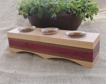 Long Three Cup Votive Candle Holder in Maple, Walnut and Purple Heart