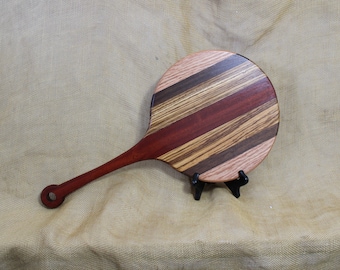 Round Cutting Board with Handle Striped with Red Oak, Walnut, Zebra Wood, and Paduak - Pizza Serving Board