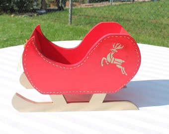 Red Wooden Sleigh in Pine Trimmed in Gold with Reindeer-Handmade Santa Sleigh Planter / Candy Dish / Display-Holiday Christmas Home Decor