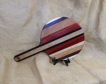 Round Cutting Board with Handle Striped with Maple, Walnut, Cherry, Paduak, Wenge and White Oak- Pizza Serving Board