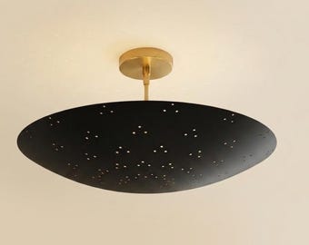 Modern Black Disc Chandelier with Starry Perforated Shade & Brass Canopy | Minimalist Ceiling Light Fixture