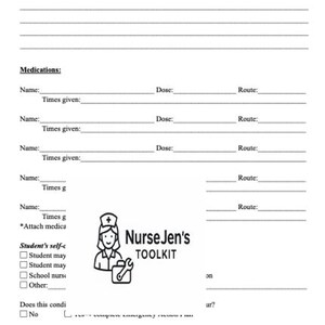 Può includere: Documento in bianco e nero intitolato "IHP (Piano sanitario individualizzato)" con sezioni per sintomi, farmaci e informazioni sullo studente. Include il testo "NurseJen's TOOLKIT" e spazi da compilare.