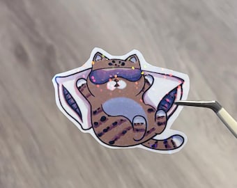 Sleepy Tabby with Sleep Mask | Pink Blue Variants | Holographic Waterproof Sticker | Nap Lover Gift