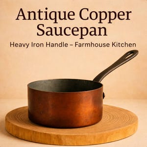 Antiker Kupfertopf mit schwerem Eisengriff | Vintage europäisches Kochgeschirr | Bauernhaus Küche Dekor | Handgehämmertes Kochgeschirr 1920–30er Jahre