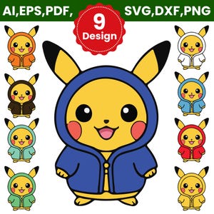 May include: A digital design featuring nine variations of a cartoon character wearing a hooded jacket. The character is yellow with black-tipped ears, red cheeks, and a smiling expression. The jackets are in various colors, including blue, orange, and green.