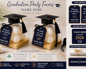 Recuerdos de graduación personalizados con velas / Clase de 2026: Nombre personalizado, colores de la escuela (Hecho a mano)