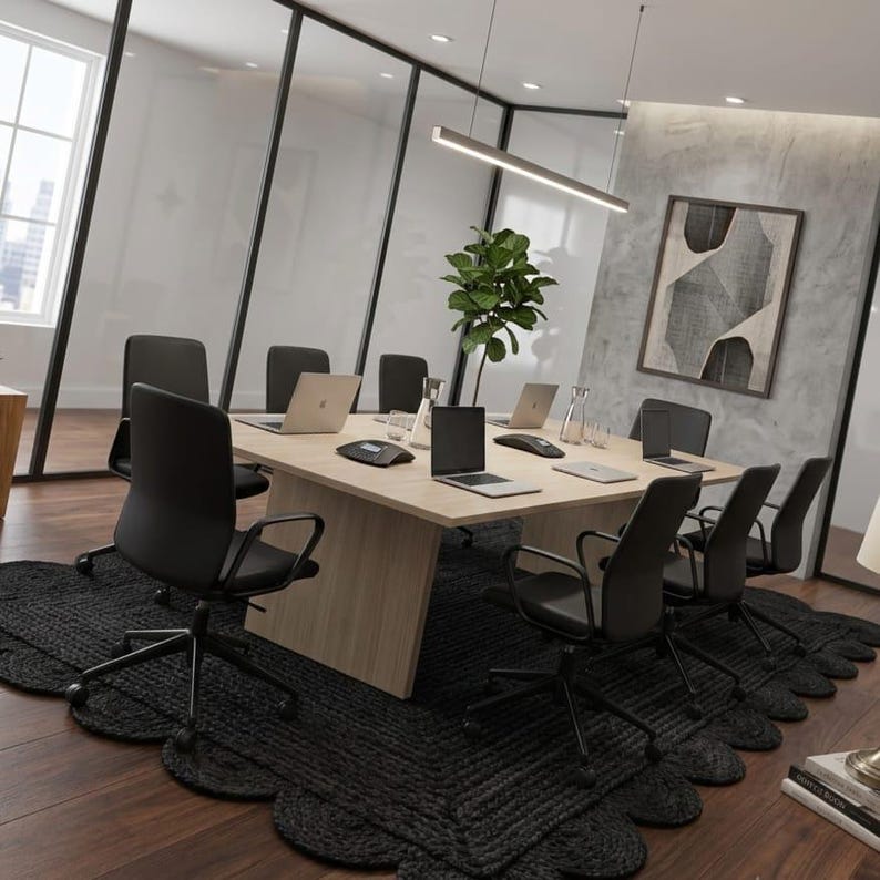 May include: A square light wood conference table surrounded by eight black office chairs on a large black scalloped rug. The table holds several laptops, a conference phone, and a glass carafe. A tall green plant sits in the center of the table.