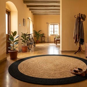 May include: A round, braided jute rug featuring a natural tan center and a wide, solid black border. The rug is placed on a smooth floor, with a pair of brown leather slip-on shoes resting on the edge of the black border in a bright hallway.