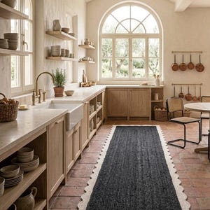 Handwoven Jute Area Rug | Dark Woven with White Scalloped Trim, Natural Fiber Runner