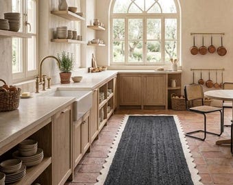 Handwoven Jute Area Rug | Dark Woven with White Scalloped Trim, Natural Fiber Runner