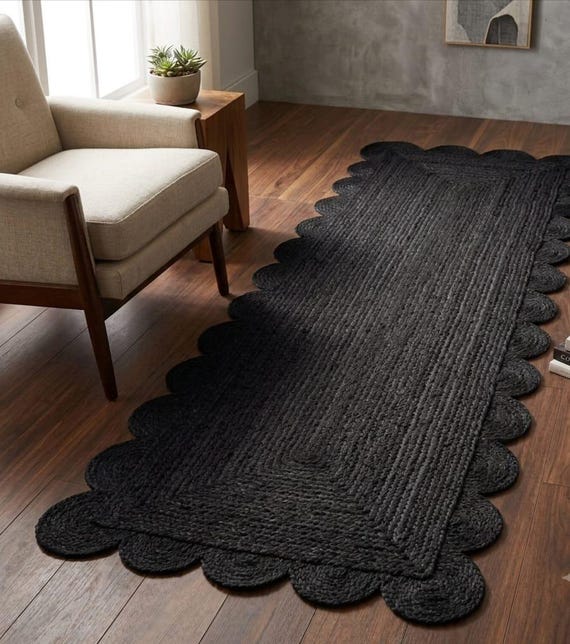 Black Scalloped Jute Rug: Handwoven Boho Area Rug Natural Jute Scalloped Rug, Black Jute Rug, Custom Rug {5x7ft rug]