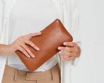 Long leather document  wallet, Women Pouch bag, Dopp kit, Travel case, Pens holder, Leather Toiletry bag | LOKKA, brown, black