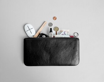 Pouch, Makeup bag, Dopp kit, Travel case,  Pens holder, Document holder, Cosmetics, Leather Toiletry bag | LOKKA (black)