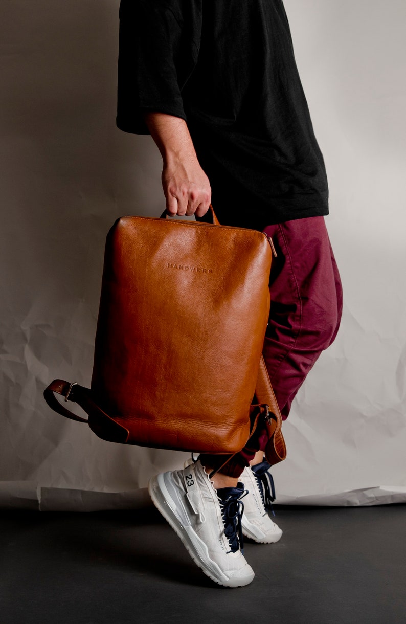 Leather backpack without logo, leather rucksack, laptop backpack // Vogel Brown image 1