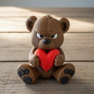 May include: A brown teddy bear figurine with an angry expression, holding a red heart. The bear has black accents on its paws and nose. The figurine is sitting on a wooden surface.