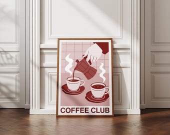 Coffee Club Print | Coffee Poster | Trendy Illustration | Kitchen Print | Dining Room Art | Retro Wall Art | Coffee Wall Art | UNFRAMED