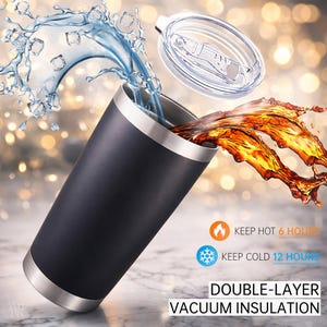 Pu&ograve; includere: Un bicchiere nero in acciaio inossidabile con bordo e base argentati e un coperchio trasparente. Acqua e un liquido marrone vengono versati nel bicchiere. Il testo sull'immagine recita "Keep Hot 6 Hours" e "Keep Cold 12 Hours".