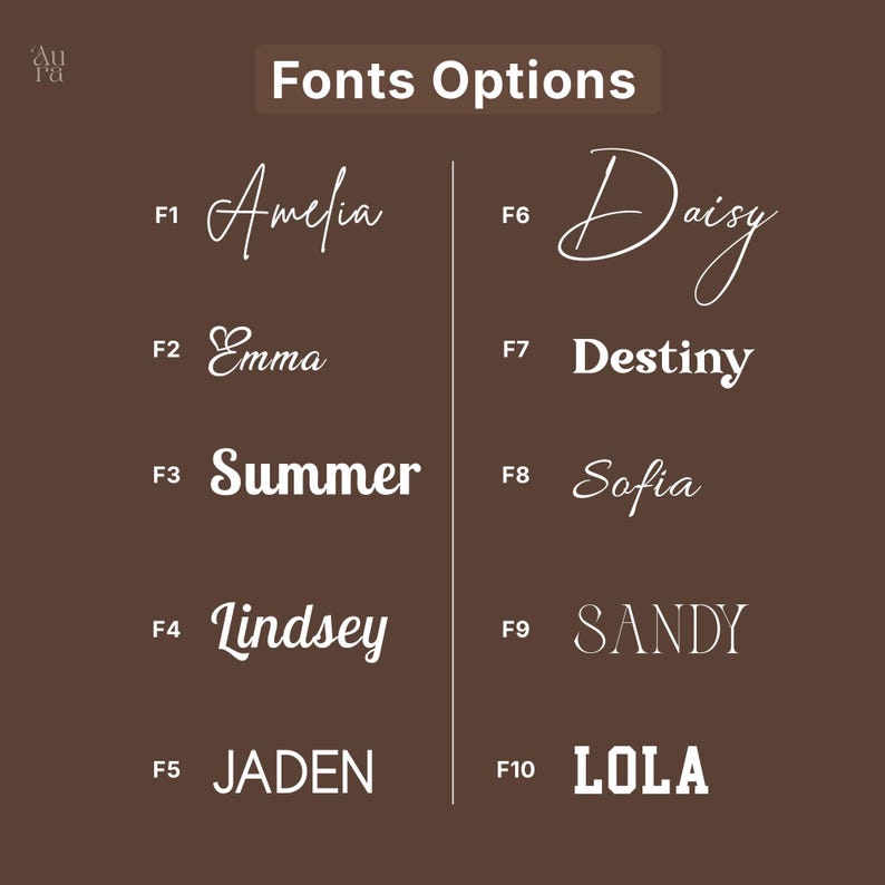Pu&ograve; includere: Un grafico marrone mostra le opzioni dei caratteri per la personalizzazione. Il testo "Fonts Options" &egrave; in alto. Sono mostrati dieci stili di carattere, ciascuno con un nome come "Amelia" e "Daisy" e un codice corrispondente come F1 e F6.