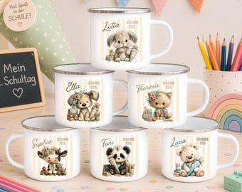 Taza de esmalte personalizada para el primer día de clases / Nombre y año personalizados con diseño de animales