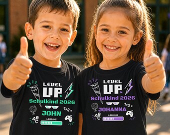 Camiseta personalizada para niños de escuela gamers negros / Diseño "Level Up" para 2026