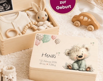 Personalisiertes Babygeschenk Erinnerungskiste Teddybär / Holz Erinnerungsbox Bär mit Name / Taufgeschenk / Geschenk zur Geburt