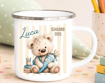 Taza de esmalte personalizada para el primer día de clases / Nombre y año personalizados con diseño de animales