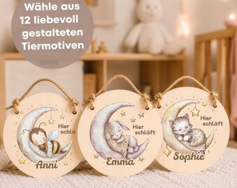 Letrero de madera personalizado para la puerta de la habitación infantil / Nombre personalizado con diseño de animales "Aquí duerme"