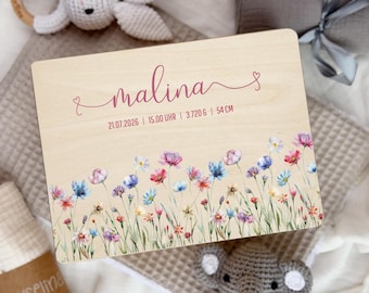 Caja de recuerdos personalizada para bebé / Caja de recuerdos con flores silvestres / Regalo para recién nacido / Idea de regalo de bautizo con nombre y fecha de nacimiento