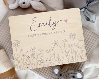Caja de recuerdos personalizada para bebé / Caja de recuerdos con diseño de flores silvestres / Regalo para bebé / Regalo para recién nacido / Idea de regalo de bautizo con nombre y fecha de nacimiento