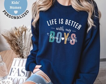 Sudadera personalizada para mamá con los nombres de sus hijos / Camiseta "La vida es mejor con mis hijos" / Sudadera con nombre personalizado / Regalo del Día de la Madre