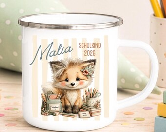 Taza de esmalte personalizada para el primer día de clases / Nombre y año personalizados con diseño de animales