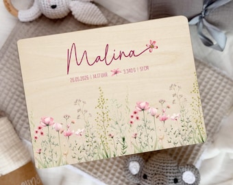 Caja de recuerdos personalizada para bebé / Caja de recuerdos estilo boho / Regalo para bebé / Regalo para recién nacido / Idea de regalo de bautizo con nombre y fecha de nacimiento