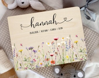Caja de recuerdos personalizada para bebé / Caja de recuerdos con flores silvestres coloridas / Regalo para recién nacido / Regalo de bautizo con nombre y fecha de nacimiento