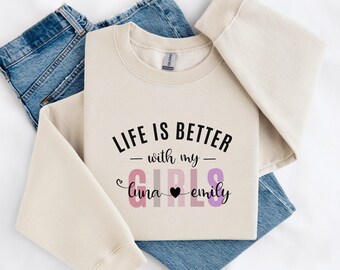 Sudadera para mamá de niñas personalizada con los nombres de sus hijas / Regalo personalizado para el Día de la Madre / Sudadera de cuello redondo para mamá