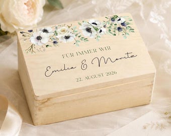 Personalized Wedding Memory Box with White Flowers and Eucalyptus | Custom Keepsake Box for Couples