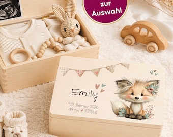 Caja de recuerdos personalizada para bebé / Caja de madera con nombre y datos de nacimiento / 12 diseños de animales disponibles