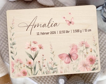 Caja de recuerdos personalizada para bebé, caja de madera con flores y mariposas, regalo de bautizo para padrinos.