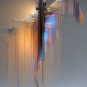 Puede incluir: Arte digital abstracto que representa a un jinete a caballo. La obra de arte utiliza líneas verticales y una paleta de colores naranja, azul y morado para crear un efecto visual único. El jinete lleva casco y ropa de montar.