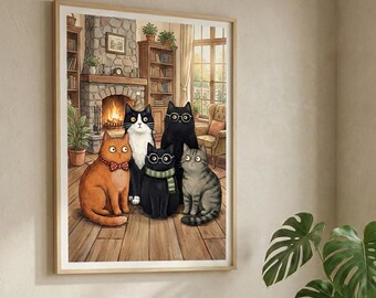 Póster imprimible de regalo para amantes de los gatos, acogedor rincón de lectura, decoración de pared, gatos de estilo cabaña vintage, ilustración de animales adorables.