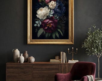 Dark Floral Peony Bouquet Art Print, Baroque Flower Painting, Vintage Botanical Wall Art, Moody Romantic Still Life Canvas, Digital Download